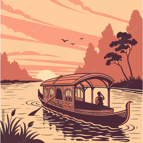Serene sunset over a tranquil river with a traditional houseboat and a lone rower navigating the calm waters amidst lush foliage