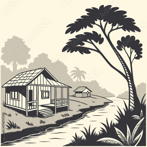 Serene tropical landscape with a stilted house and a smaller hut beside a winding river surrounded by lush trees and foliage