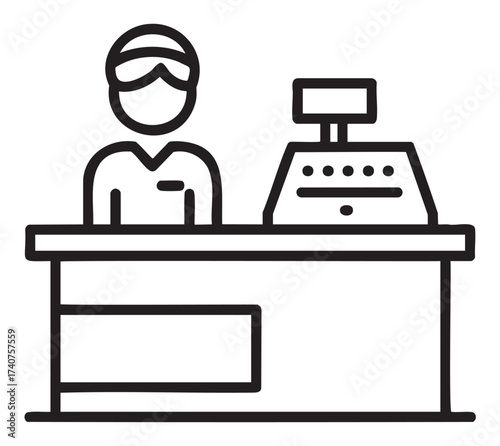 Simple black outline vector icon of a cashier standing behind a register counter, ideal for retail and service industry concepts.