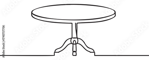 Black outline drawing of a round pedestal table with a central column and three splayed legs. minimalist design with linear elements.