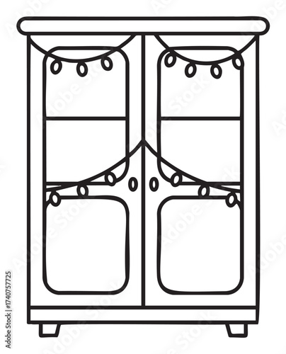 Black outline of a simple cabinet adorned with string lights, featuring two doors and minimal linear design.