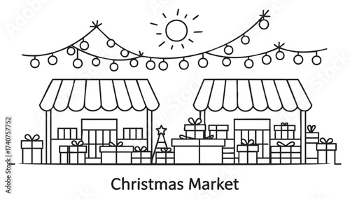 Black outline vector icon depicting a festive christmas market with two stalls, numerous wrapped gifts, hanging lights, and a sun symbol above.