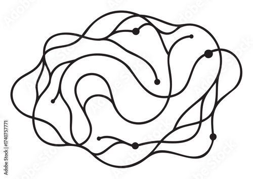 Black outline of a complex, abstract tangled line drawing with curves and dots, resembling a chaotic knot or a brain diagram.
