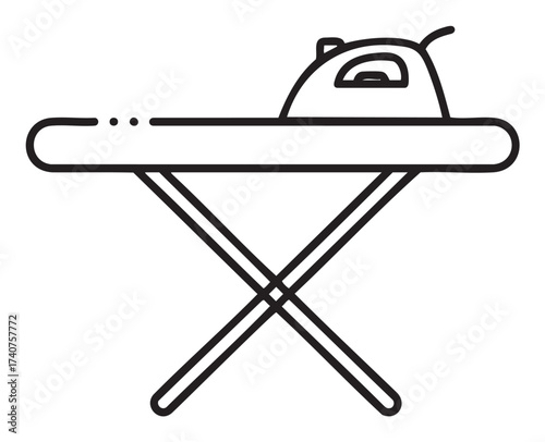 Black outline icon of an ironing board with an iron placed on top, featuring a simple and clean design for household and laundry contexts.