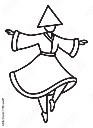 Black outline drawing of a person wearing traditional attire with a conical hat, arms outstretched, and one leg raised in a dance pose.