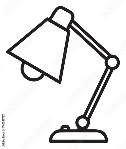 Black outline vector icon of a desk lamp with an angular shade on a round base. minimal design for lighting, office, and study concepts.