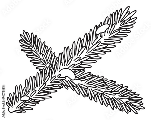Black outline drawing of two intersecting evergreen branches with small clusters of snow on the needles.