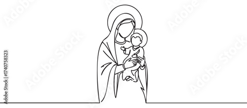 Continuous line drawing of a religious scene depicting the virgin mary lovingly holding baby jesus, both with soft expressions and gentle postures.