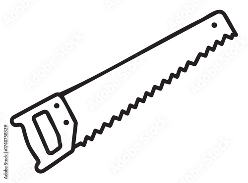 Black outline drawing of a handheld saw with a serrated blade and ergonomic handle, used for cutting wood and other materials.
