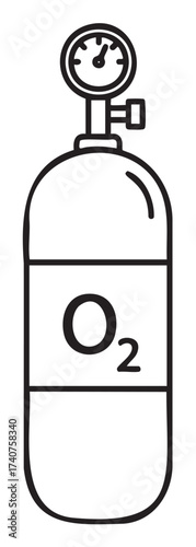 Black outline drawing of an oxygen tank with a pressure gauge on top, labeled with o2, representing essential life-support and medical equipment.