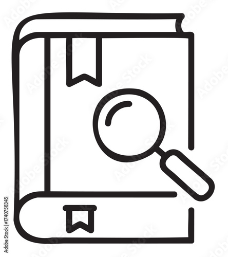 Black outline icon of a thick book with bookmarks and a magnifying glass, symbolizing research and study.