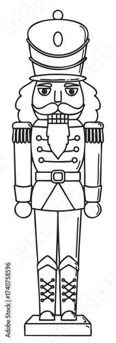 Black outline illustration of a classic nutcracker soldier with detailed features and ornate uniform, standing on a platform.