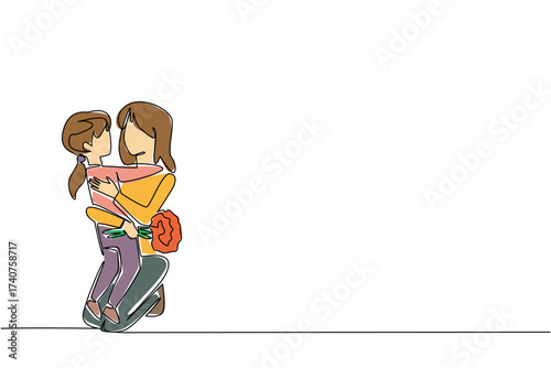 Continuous one line drawing a mother holding a bouquet of flowers sitting on the floor hugged by her daughter. Harmonious family. Happy. Day of Mother. Single line draw design vector illustration