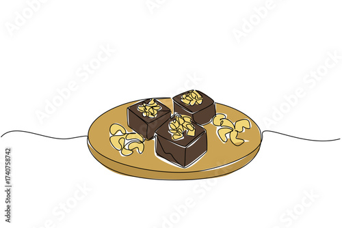 Single one line drawing nutty fudge on a round wooden cutting board and cashew nuts. A cake with naturally sweet and savory taste. National Nutty Fudge Day. Continuous line design graphic illustration