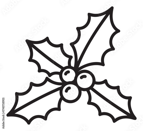 Black outline drawing of holly with three berries and three leaves, symbolizing christmas decorations and holiday themes.