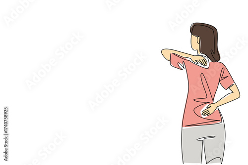 Continuous one line drawing a woman holding her neck and back. Feeling uncomfortable in body parts. Long time no exercise. Fibromyalgia Awareness Day. Single line draw design vector illustration