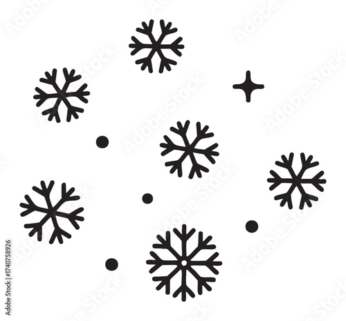 Black outline icon of multiple snowflakes and small circles arranged randomly, depicting a wintry or holiday theme.