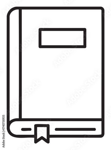 Black outline icon of a hardcover book with a bookmark and a blank label on the cover.