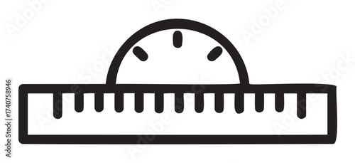Black outline vector icon of a simple protractor combined with a straight ruler. minimal design for educational, mathematical, and measurement concepts.