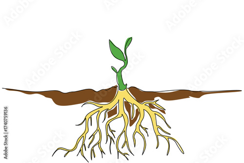 Single continuous line drawing plant shoots with thick roots underground. Strong plant candidates support life on earth. Eco. International Day of Plant Health. One line design vector illustration