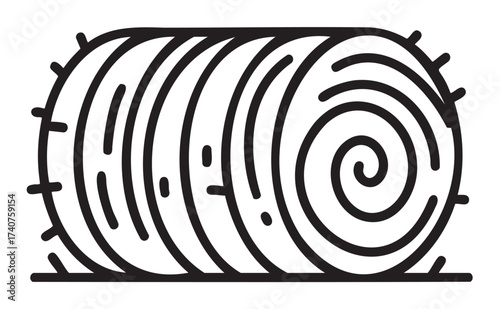 Black outline icon of a rolled hay bale with spiral pattern and linear detailing. ideal for concepts related to agriculture and farming equipment.
