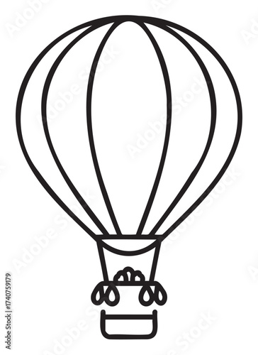 Black outline vector icon of a classic hot air balloon with a rounded envelope and detailed basket design. perfect for travel, adventure, and transportation concepts.