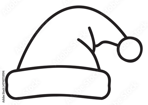 Black outline icon of a classic santa hat with a pom-pom, symbolizing festive holiday attire.