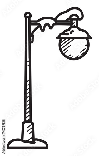 Simple black outline of a street lamp covered in snow, depicting a winter scene with clear linear details.