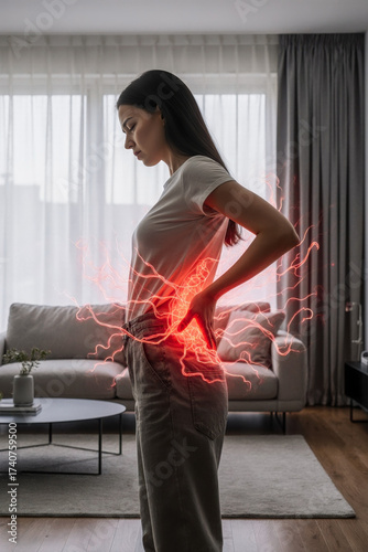 Back pain, kidney inflammation, woman suffering from backache
