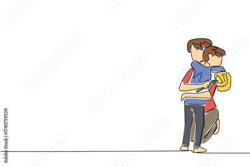 Single continuous line drawing a mother holding a bouquet of flowers sitting on the floor hugged by her son. A very happy family. Happiness. Love. Day of Mother. One line design vector illustration