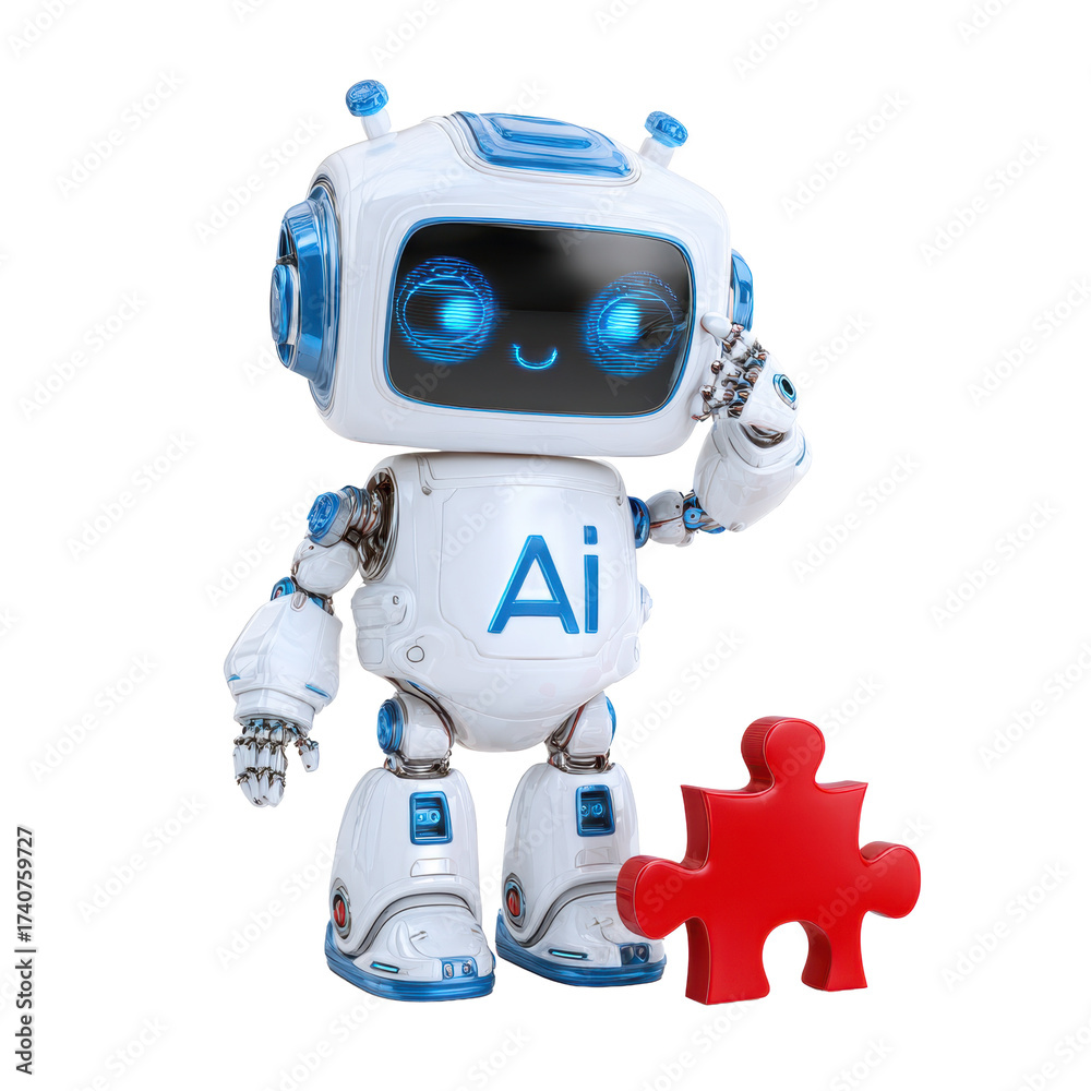Naklejka premium Friendly AI Robot with Puzzle Piece on Transparent Background