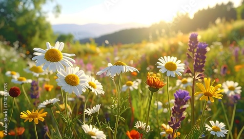 Fototapeta Naklejka Na Ścianę i Meble -  Beautiful meadow with colorful flowers in bloom under the sunlight