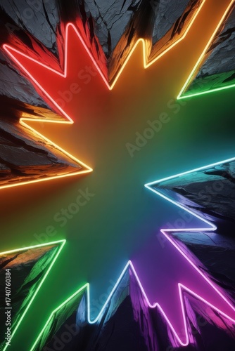Neon Light Burst Rainbow Colors Dark Stone Background Explosive Abstract Shape Vibrant Glow Visual Art