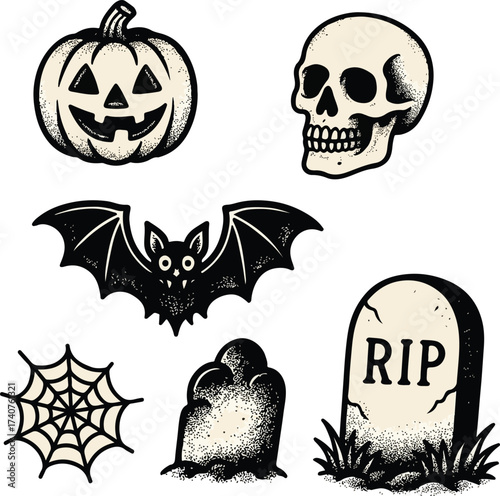 Collection of vintage halloween icons including pumpkin skull bat spiderweb and tombstones