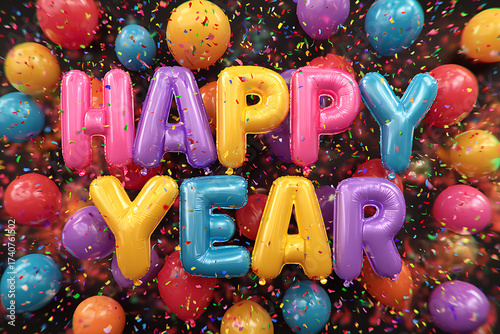 Celebrate the New Year with joy and excitement featuring colorful balloon letters and confetti creating a festive atmosphere perfect for holiday promotions
