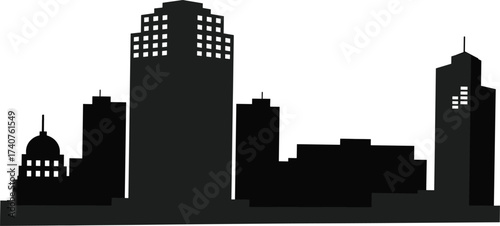 Black and white city skyline silhouette illustration with tall skyscrapers, modern urban buildings, downtown architecture, metropolitan cityscape design artwork