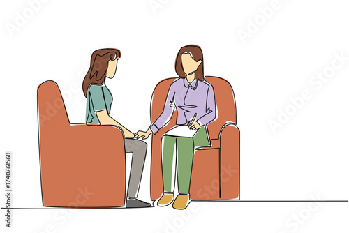 Single continuous line drawing a woman hold clipboard while hold the hand of woman next to her. Giving resilience. National Mental Health Provider Appreciation Day. One line design vector illustration