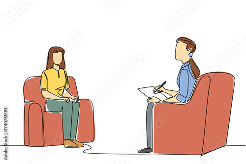 Single one line drawing man sits on sofa holding clipboard with woman. Psychological treatment. Therapy. National Mental Health Provider Appreciation Day. Continuous line design graphic illustration