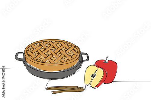 Continuous one line drawing apple pie with pan base, with whole and halved apples, cinnamon sticks. Fresh natural apple ingredients. National Apple Pie Day. Single line draw design vector illustration