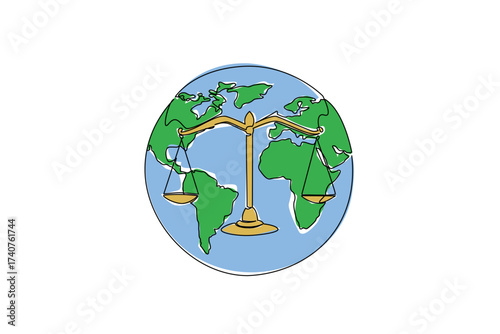 Single continuous line drawing globe with a scale in the middle. Global business requires legal strength as a protector. No one is harmed. World Fair Trade Day. One line design vector illustration