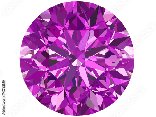 vector illustration of a round-cut gemstone, specifically resembling a purple diamond or amethyst. It features intricate geometric facets that create a realistic 3D effect