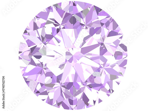 vector illustration of a round-cut gemstone, specifically resembling a purple diamond or amethyst. It features intricate geometric facets that create a realistic 3D effect