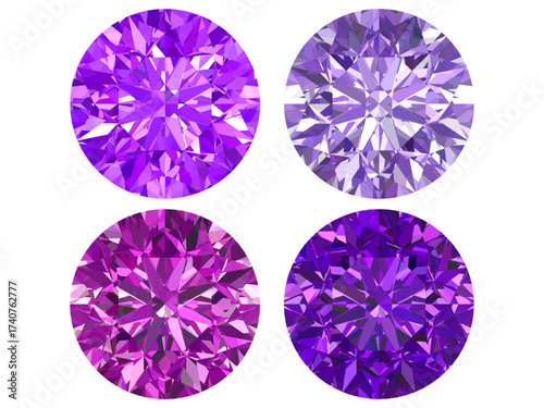 vector illustration of a round-cut gemstone, specifically resembling a purple diamond or amethyst. It features intricate geometric facets that create a realistic 3D effect