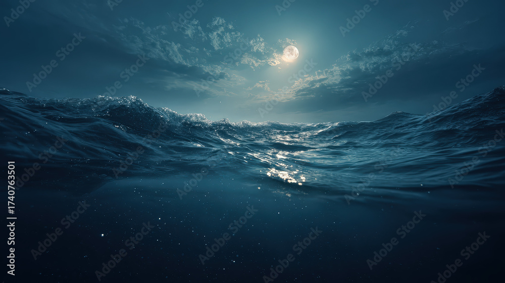 Fototapeta premium A mesmerizing scene capturing the moon over the sea. The water has gently undulating waves and reflects the moonlight, a truly stunning view