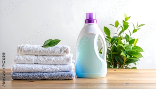 A clean laundry scene features stacked towels, a detergent bottle, and greenery on a wooden surface against a white backdrop