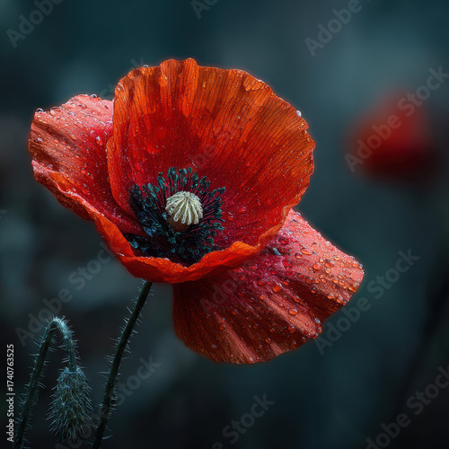 Vibrant red poppy flower with delicate petals and lush green stem in detailed macro close-up, showcasing natural beauty and floral elegance in outdoor scenery