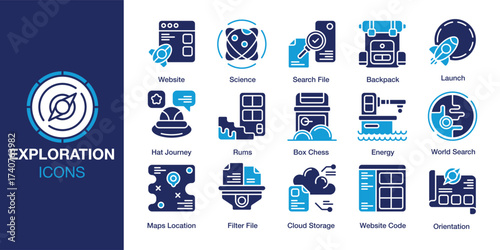 Exploration icon set. Containing journey, outdoor, hiking, mountain, explore and more. Solid vector icons collection. Vector illustration.