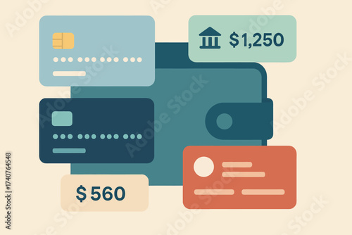 Digital wallet with credit and debit cards in a flat design style