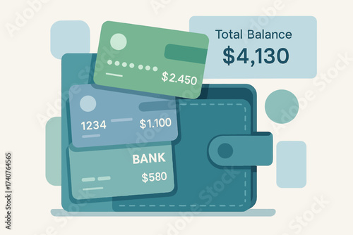 Digital wallet with credit cards and total balance display in minimalist flat design