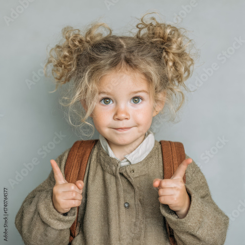 Bright and cheerful portrait of a happy young girl with curly hair, playful expression, casual outfit, natural lighting, capturing innocence and joyful childhood moments